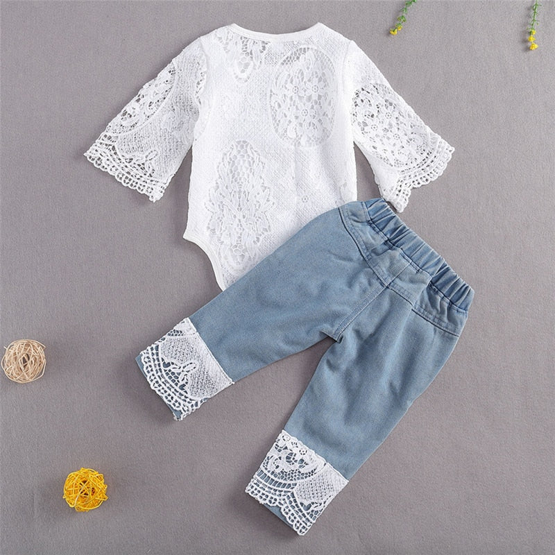 lioraitiin New 0-24M Baby Girls Fall Clothes Long Sleeve Lace Romper Suit Triangle Crotch Lace Top Hole Long Jeans 2Pcs Outfit