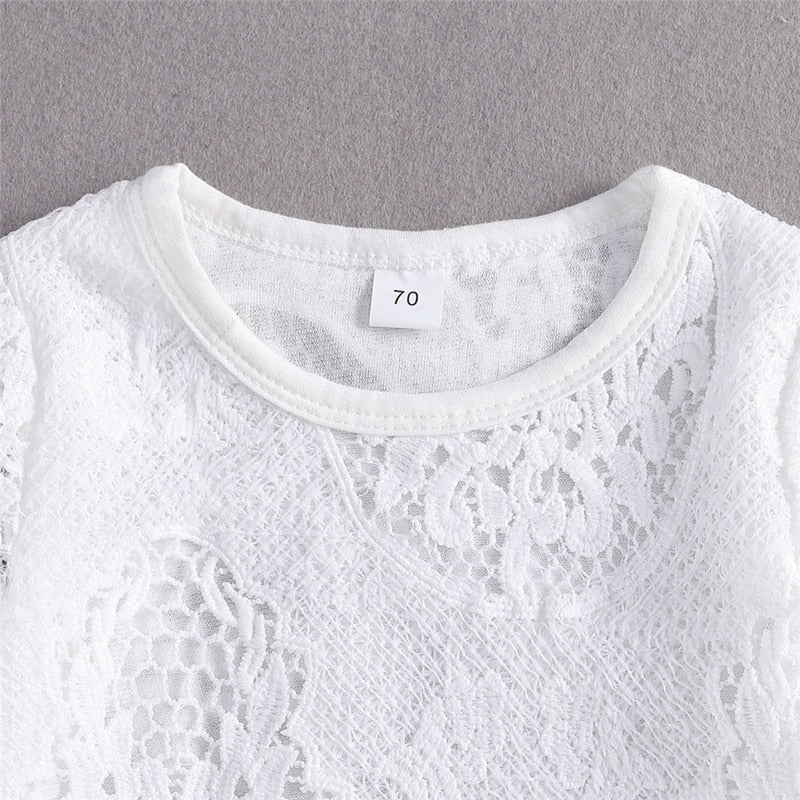 lioraitiin New 0-24M Baby Girls Fall Clothes Long Sleeve Lace Romper Suit Triangle Crotch Lace Top Hole Long Jeans 2Pcs Outfit