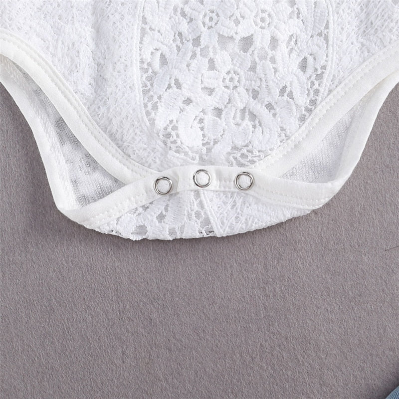 lioraitiin New 0-24M Baby Girls Fall Clothes Long Sleeve Lace Romper Suit Triangle Crotch Lace Top Hole Long Jeans 2Pcs Outfit
