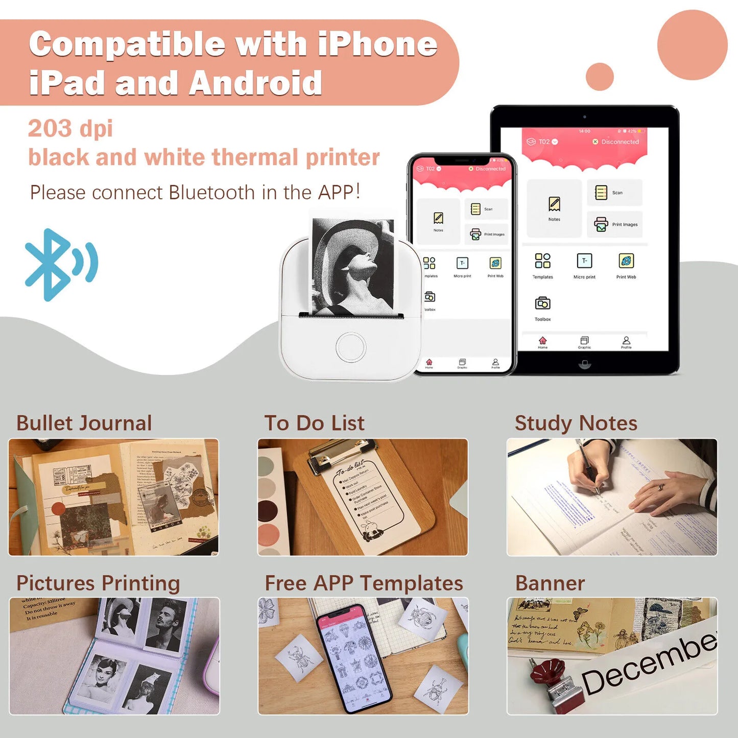 Phomemo T02 Mini Portable Printer Thermal Printing 53mm Sticker Wireless Inkless Mini Pocket Printer Self-adhesive Label Printer