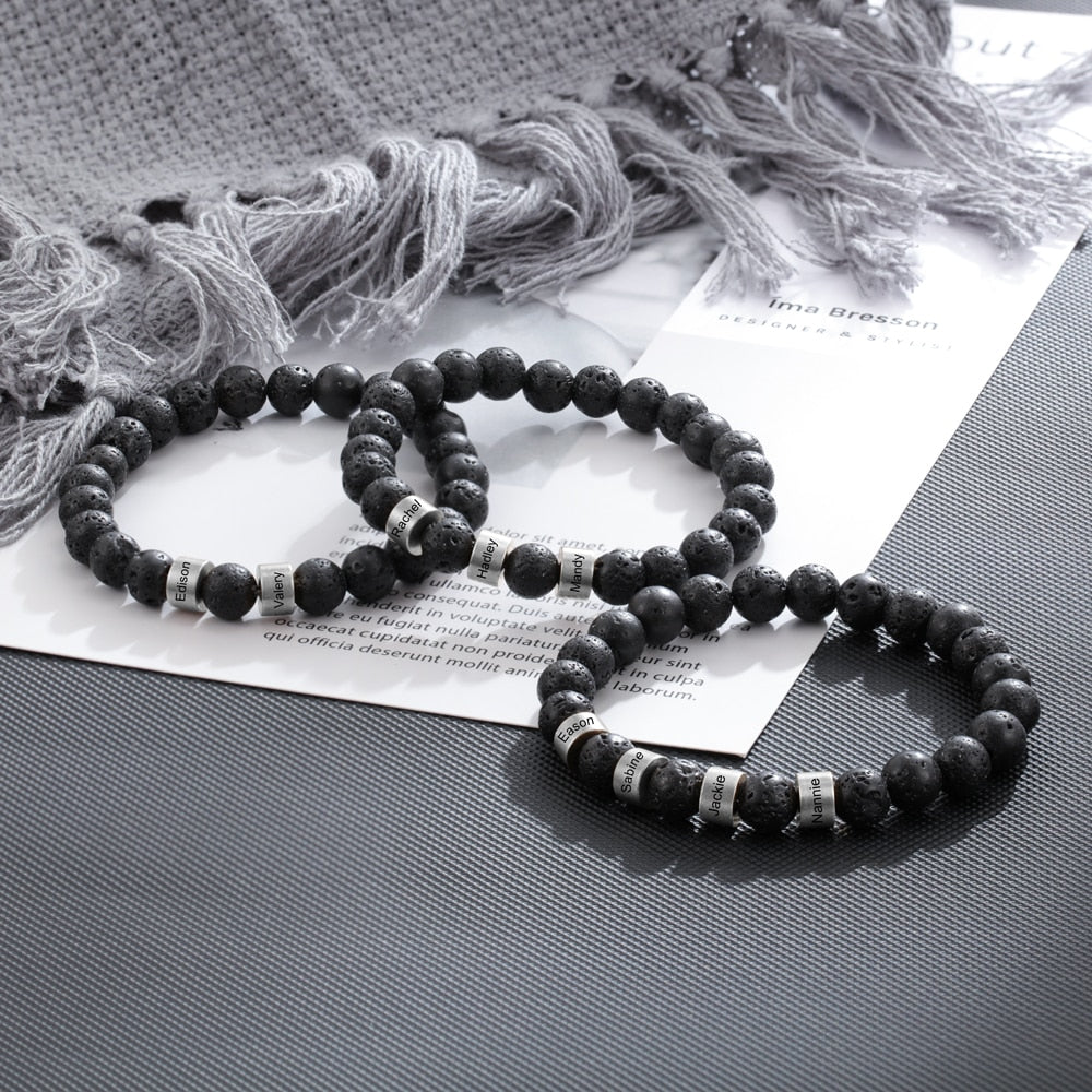Personalized Stainless Steel Beaded Chain Name Engravd Bracelets for Men Customized Lava Tiger Eye Stone Bracelets Gifts for Him