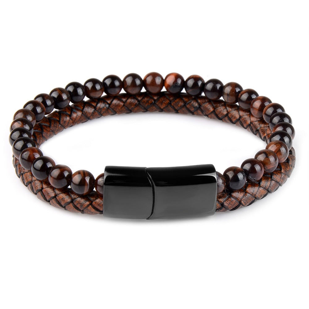 Natural Stone Bracelets Genuine Leather Braided Bracelet Black Stainless Steel Magnetic Clasp Tiger eye Bead Bangles Men Jewelry