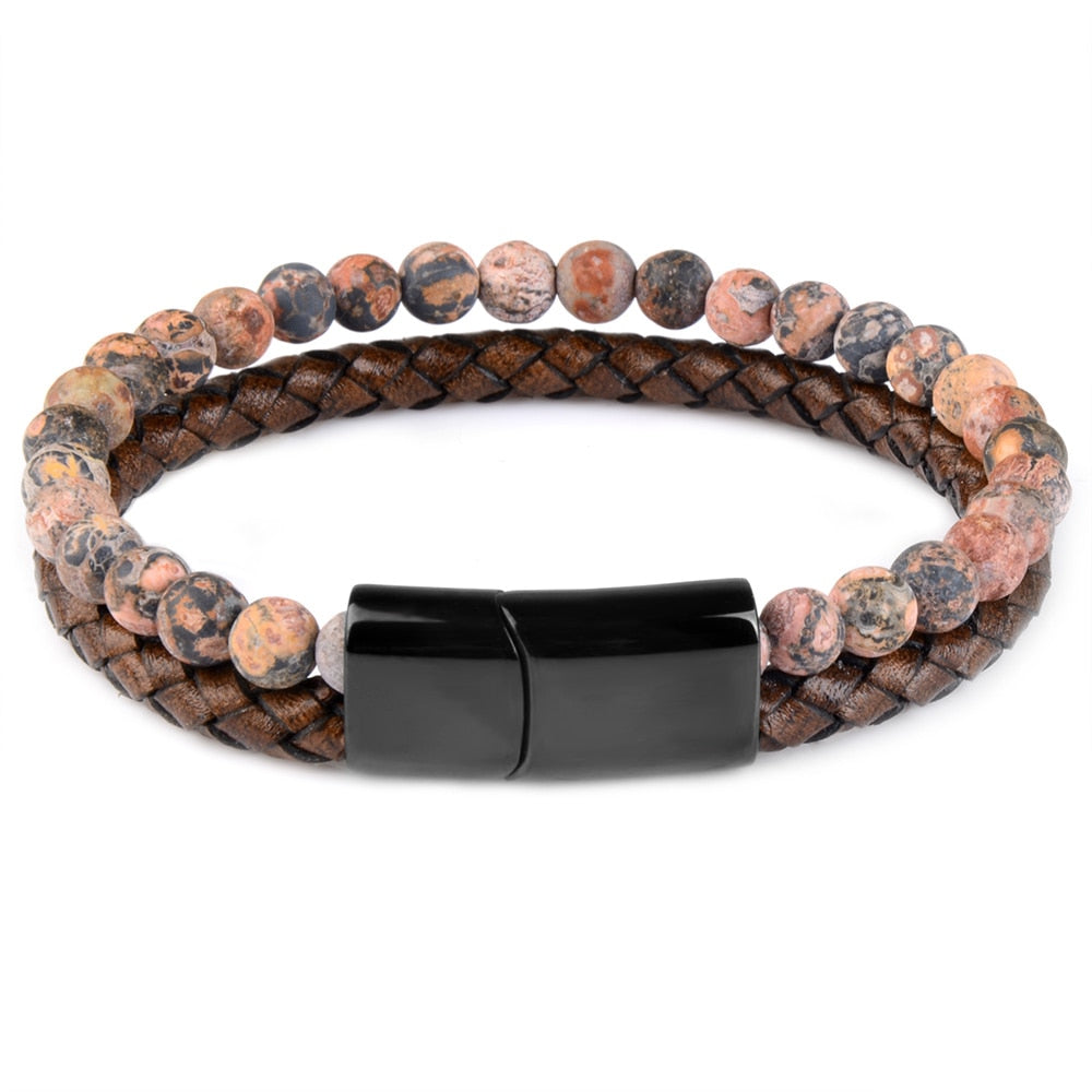 Natural Stone Bracelets Genuine Leather Braided Bracelet Black Stainless Steel Magnetic Clasp Tiger eye Bead Bangles Men Jewelry