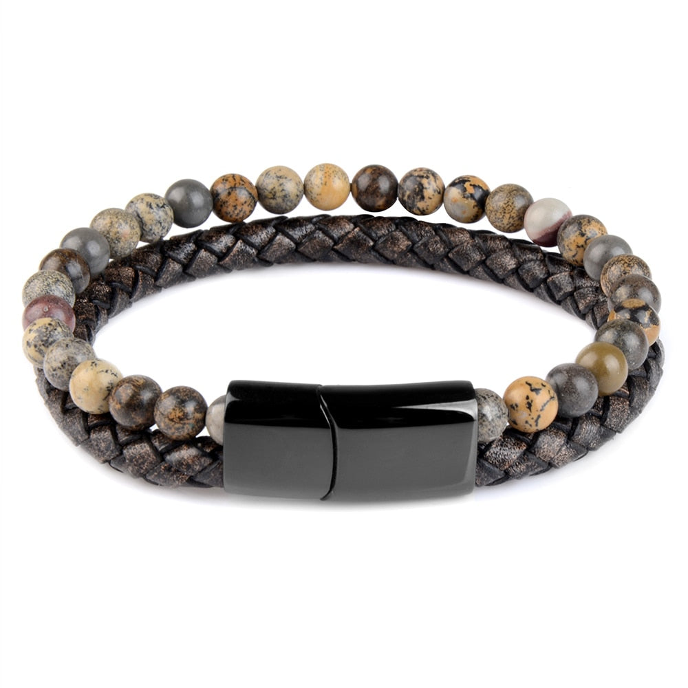 Natural Stone Bracelets Genuine Leather Braided Bracelet Black Stainless Steel Magnetic Clasp Tiger eye Bead Bangles Men Jewelry
