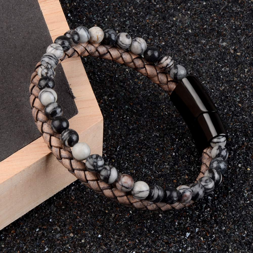 Natural Stone Bracelets Genuine Leather Braided Bracelet Black Stainless Steel Magnetic Clasp Tiger eye Bead Bangles Men Jewelry