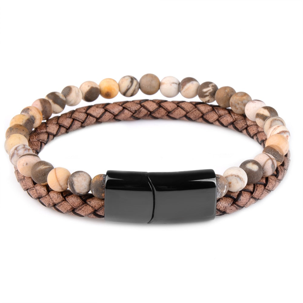 Natural Stone Bracelets Genuine Leather Braided Bracelet Black Stainless Steel Magnetic Clasp Tiger eye Bead Bangles Men Jewelry