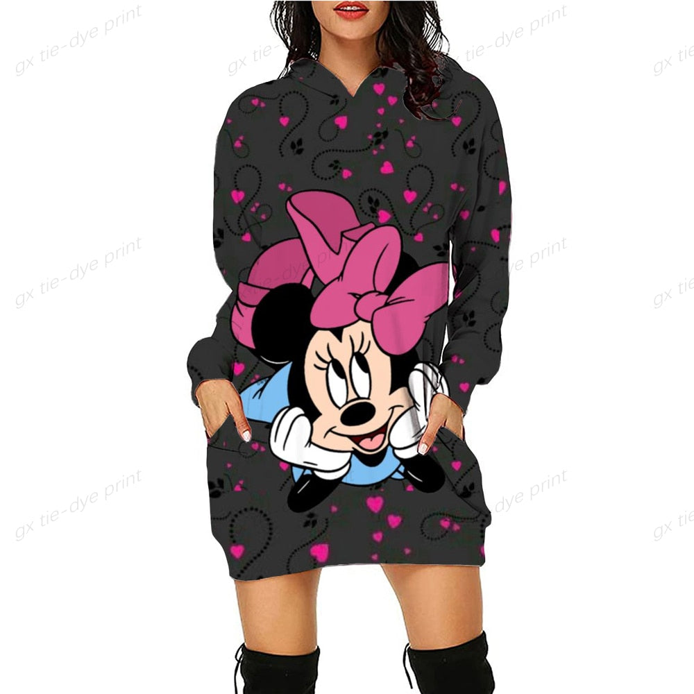 Women Hoodie Dress 2022 Spring Autumn Disney Minnie Mickey Mouse 3D Print Long Sleeve Hoodie Casual Hooded Sweater Tops Women