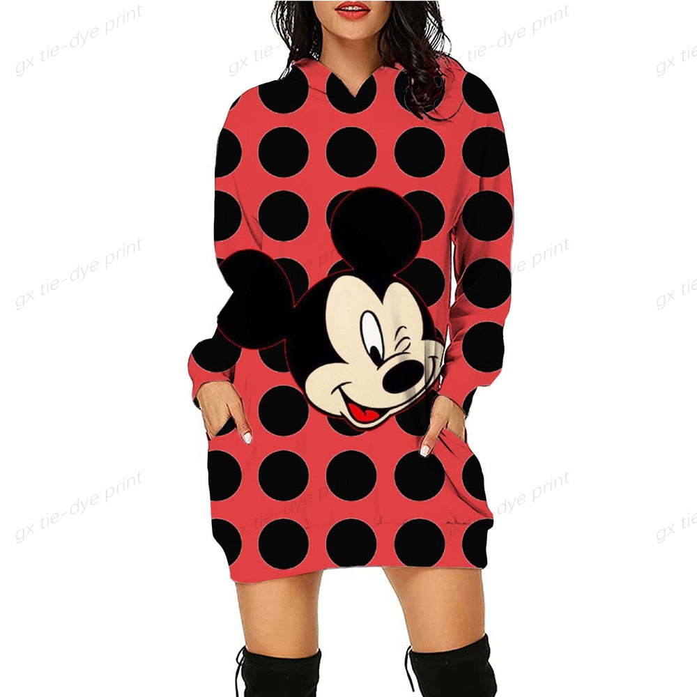 Women Hoodie Dress 2022 Spring Autumn Disney Minnie Mickey Mouse 3D Print Long Sleeve Hoodie Casual Hooded Sweater Tops Women