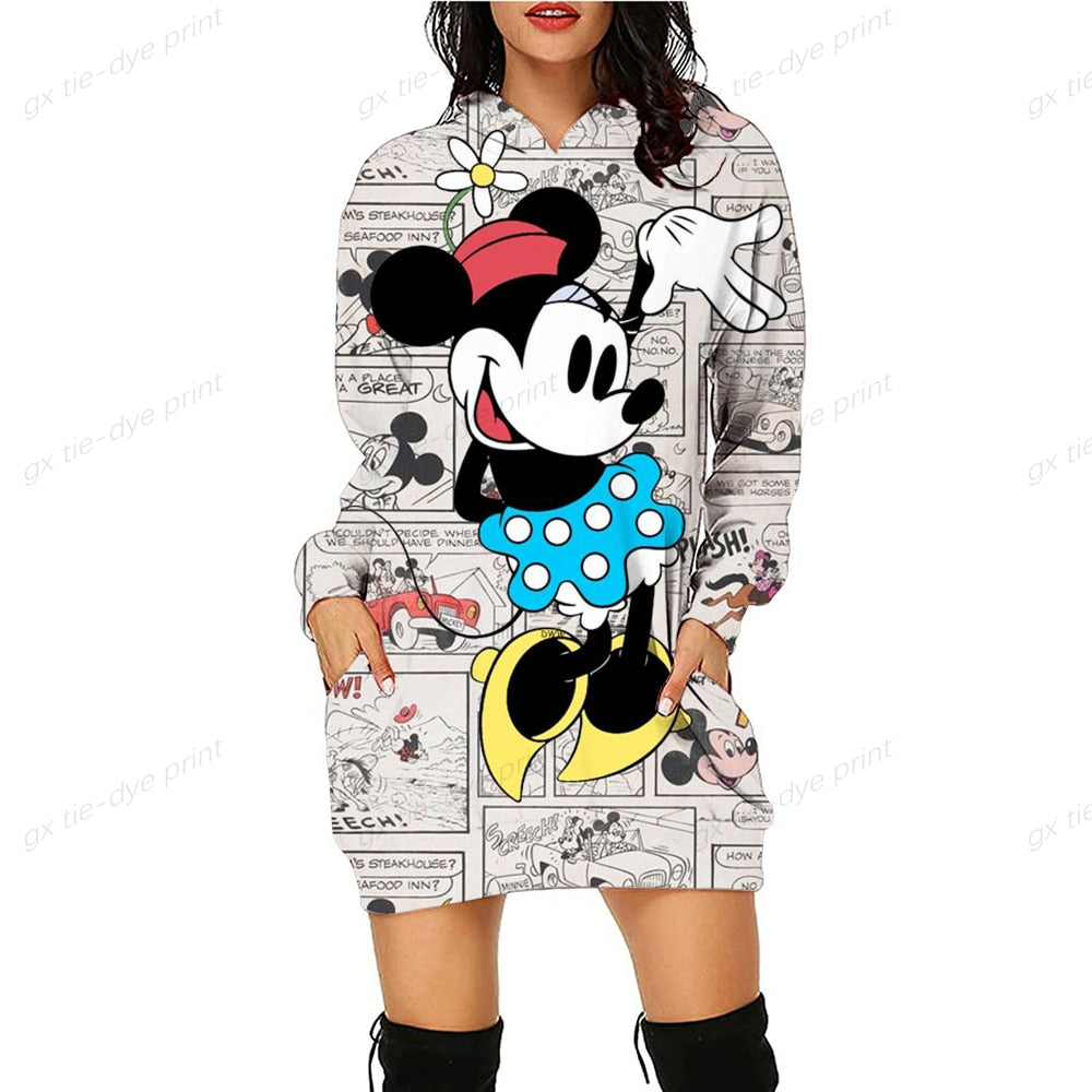 Women Hoodie Dress 2022 Spring Autumn Disney Minnie Mickey Mouse 3D Print Long Sleeve Hoodie Casual Hooded Sweater Tops Women