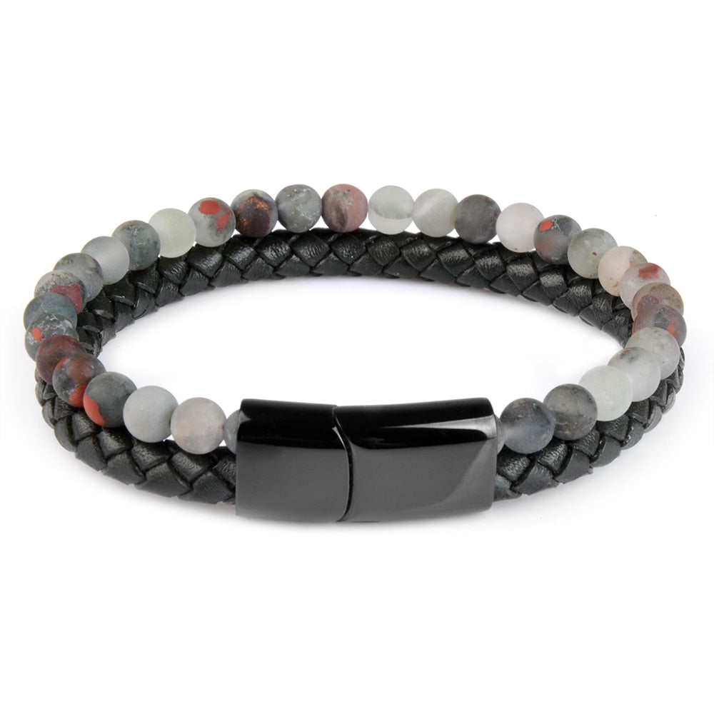 Natural Stone Bracelets Genuine Leather Braided Bracelet Black Stainless Steel Magnetic Clasp Tiger eye Bead Bangles Men Jewelry