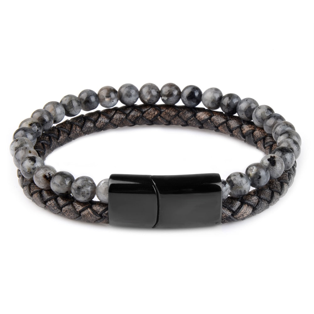 Natural Stone Bracelets Genuine Leather Braided Bracelet Black Stainless Steel Magnetic Clasp Tiger eye Bead Bangles Men Jewelry