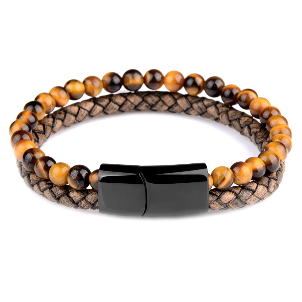 Natural Stone Bracelets Genuine Leather Braided Bracelet Black Stainless Steel Magnetic Clasp Tiger eye Bead Bangles Men Jewelry