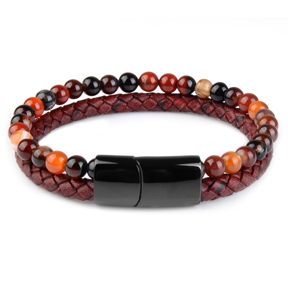 Natural Stone Bracelets Genuine Leather Braided Bracelet Black Stainless Steel Magnetic Clasp Tiger eye Bead Bangles Men Jewelry