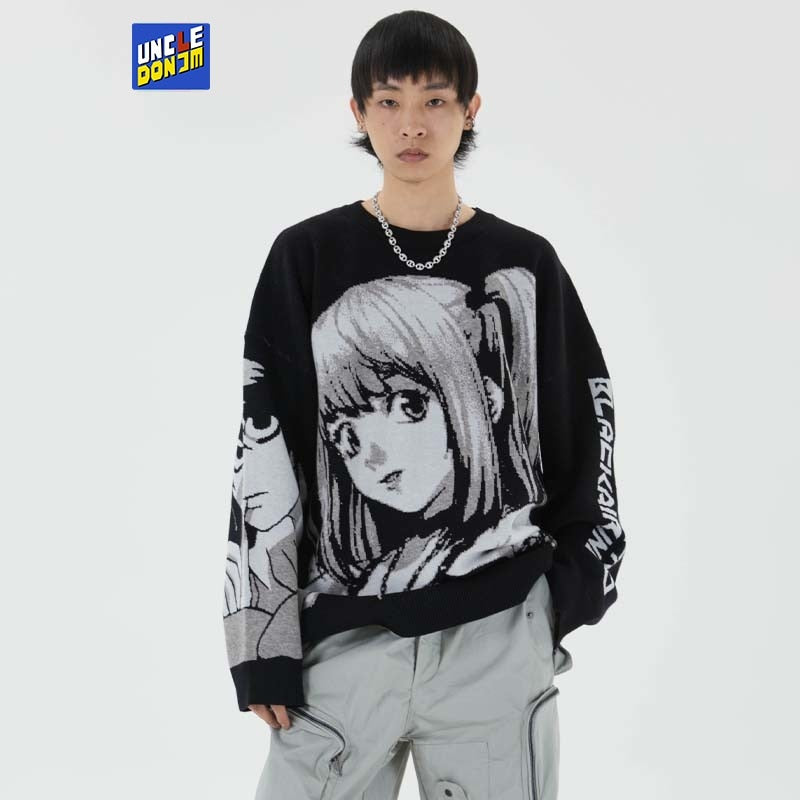 Japanese Style Anime Girl Knitted Sweater Mens Hip Hop Streetwear Harajuku Sweater Vintage Retro Pullover