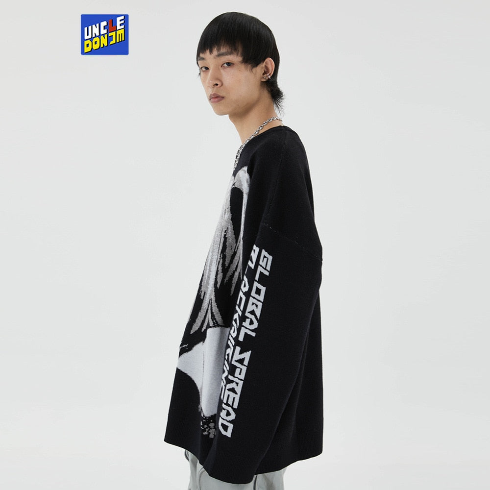Japanese Style Anime Girl Knitted Sweater Mens Hip Hop Streetwear Harajuku Sweater Vintage Retro Pullover