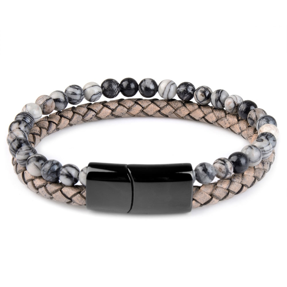 Natural Stone Bracelets Genuine Leather Braided Bracelet Black Stainless Steel Magnetic Clasp Tiger eye Bead Bangles Men Jewelry