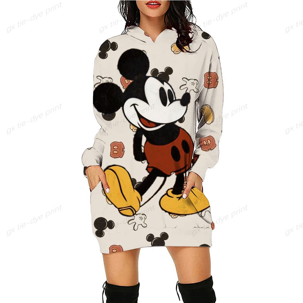 Women Hoodie Dress 2022 Spring Autumn Disney Minnie Mickey Mouse 3D Print Long Sleeve Hoodie Casual Hooded Sweater Tops Women