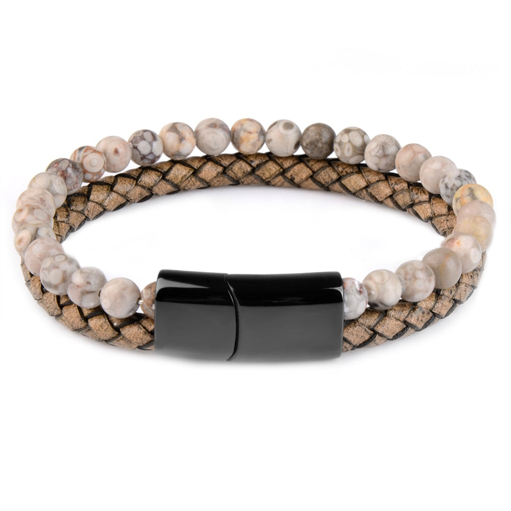 Natural Stone Bracelets Genuine Leather Braided Bracelet Black Stainless Steel Magnetic Clasp Tiger eye Bead Bangles Men Jewelry