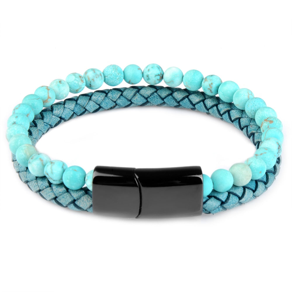 Natural Stone Bracelets Genuine Leather Braided Bracelet Black Stainless Steel Magnetic Clasp Tiger eye Bead Bangles Men Jewelry