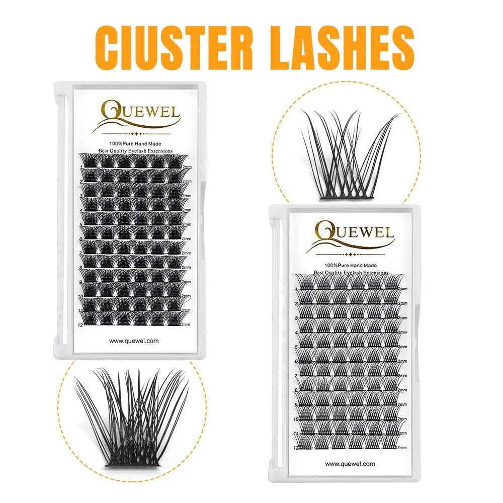 Quewel Lashes DIY Clusters Eyelash Extension C/D Curl 8-16mm 72 Volume Natural Segmented Eyelash Bundles 14D-28D Home Makeup