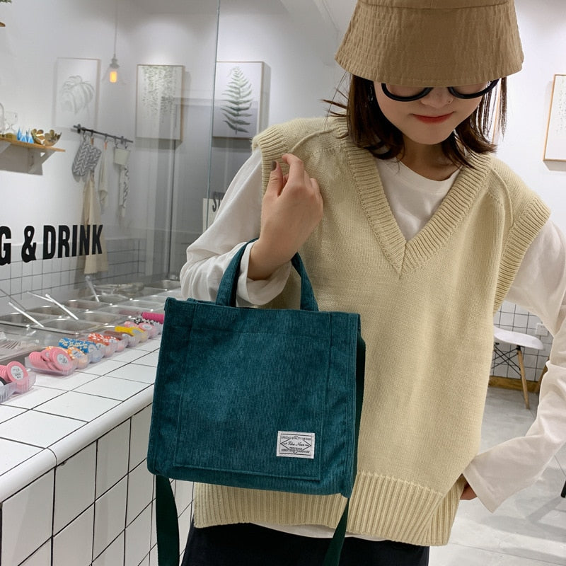 Autumn Corduroy Casual Women's Tote Shoulder Bag Retro Art Canvas Crossbody Bag for Women Cotton Zipper Handbags Luxury Designer