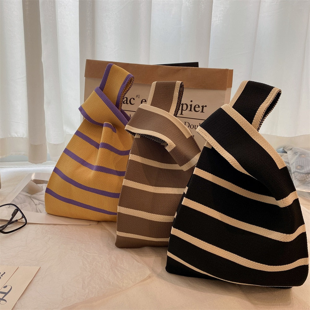 Handmade Knit Handbag Women Mini Knot Wrist Bag Japanese Casual Color Wide Stripe Plaid Tote Bag Student Reusable Shopping Bags