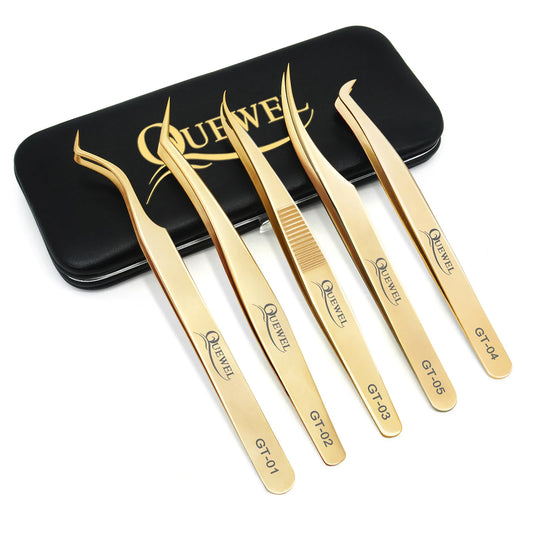 Quewel 5pcs Professional Eyelash Tweezers Stainless Steel Volume Lashes Extension Tweezers Anti-static Excellent Closure