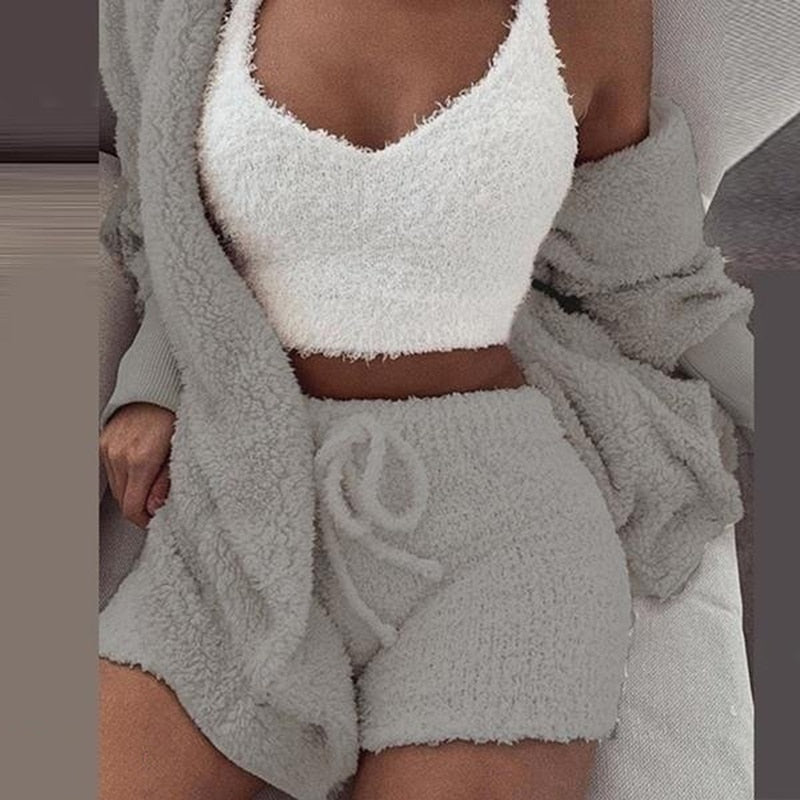 Three Piece Sexy Fluffy Sets Velvet Plush Hooded Cardigan Coat+Shorts+Crop Top Women Tracksuit Casual Sports Overalls Sweatshirt