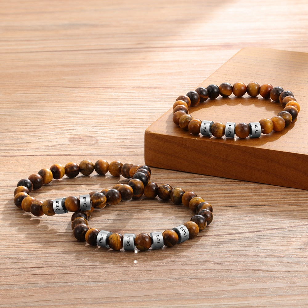 Personalized Stainless Steel Beaded Chain Name Engravd Bracelets for Men Customized Lava Tiger Eye Stone Bracelets Gifts for Him