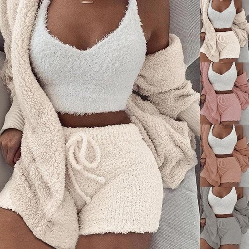 Three Piece Sexy Fluffy Sets Velvet Plush Hooded Cardigan Coat+Shorts+Crop Top Women Tracksuit Casual Sports Overalls Sweatshirt