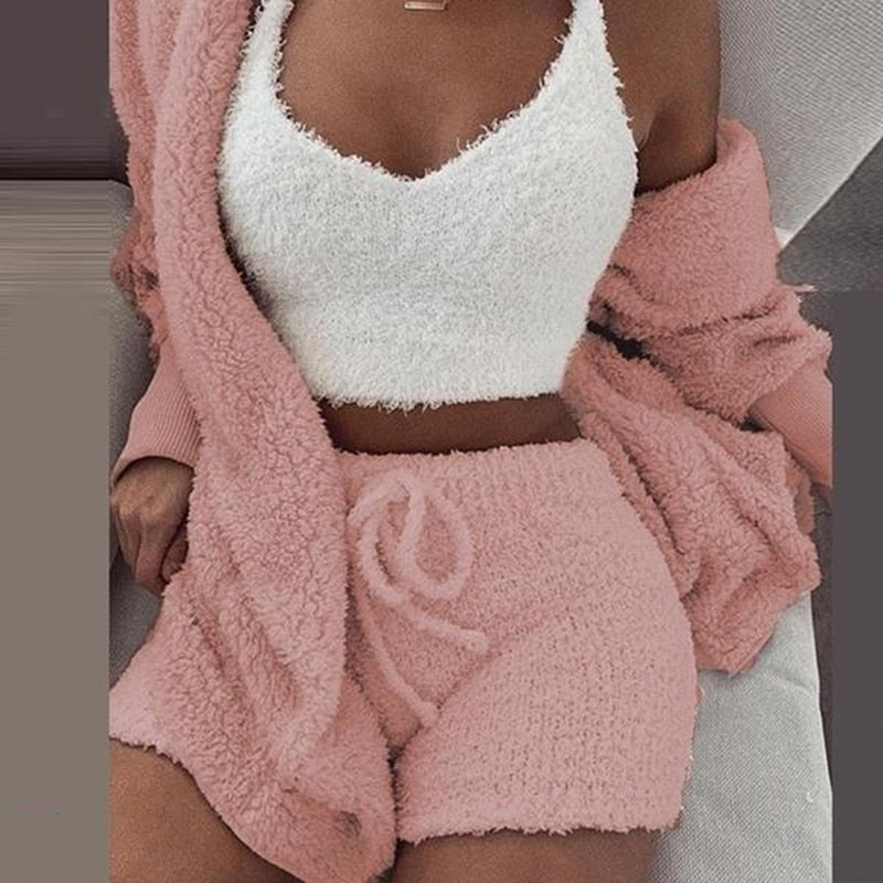 Three Piece Sexy Fluffy Sets Velvet Plush Hooded Cardigan Coat+Shorts+Crop Top Women Tracksuit Casual Sports Overalls Sweatshirt