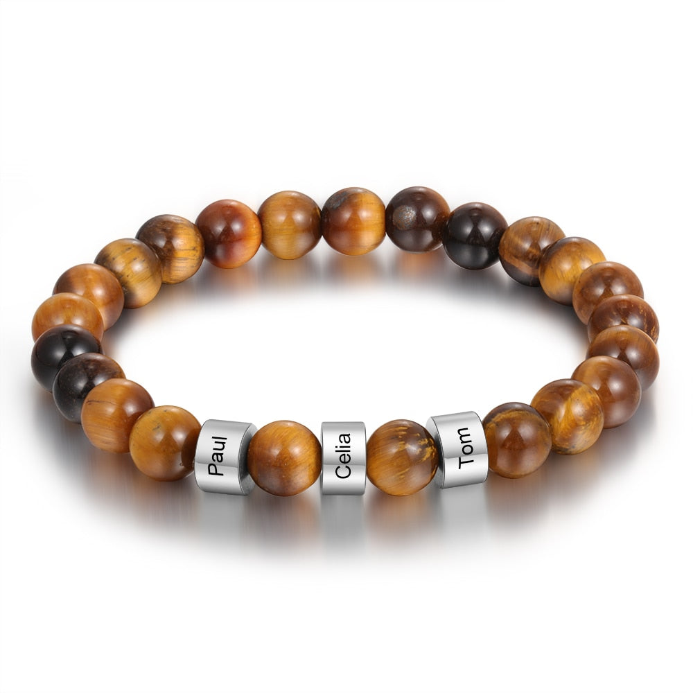 Personalized Stainless Steel Beaded Chain Name Engravd Bracelets for Men Customized Lava Tiger Eye Stone Bracelets Gifts for Him