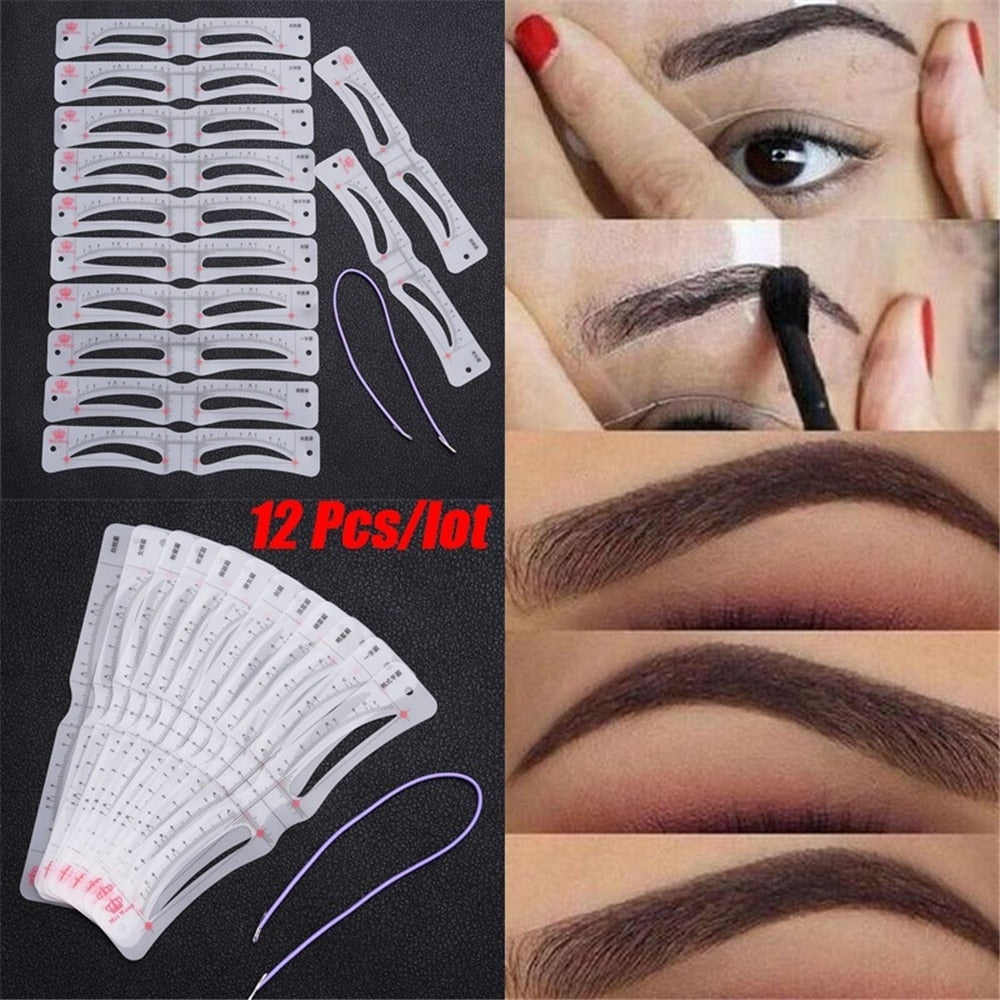 12 Style Fixable Eyebrow Stencil Grooming Shaper Template Reusable Stickers Make Up Tools For Eye Brow Stamp Pen Pencil Cosmetic